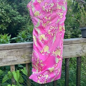 Lilly Pulitzer Pink Yellow Boned Strapless Short Dress Size 10 Cotton Back Bow